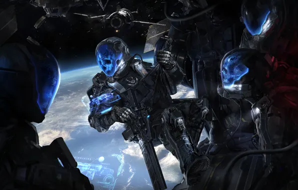 Space, weapons, fiction, ship, art, armor, helmets. skull, Defcon Zero