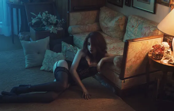 Sexy, pose, room, sofa, model, interior, stockings, pillow