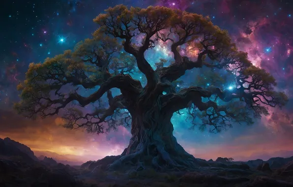 The sky, stars, night, lights, tree, branch, The milky way, haze
