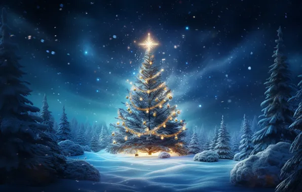 Winter, forest, the sky, clouds, light, snow, night, lights