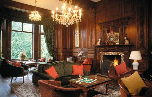 Picture furniture, interior, chandelier, fireplace, living room, English style
