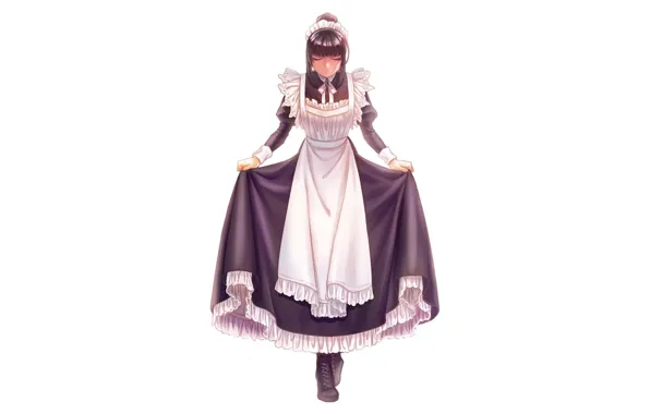 White background, Overlord, uniform, the maid, bow, servants, apron, ruffles
