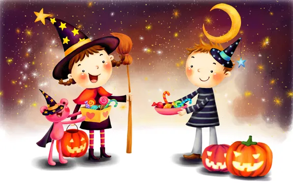 Fantasy, the moon, figure, stars, boy, girl, pumpkin, lollipops