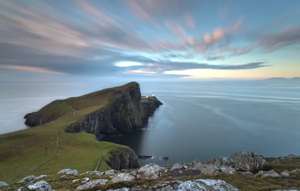 Sea, the sky, clouds, the ocean, rocks, lighthouse, Scotland, on the edge