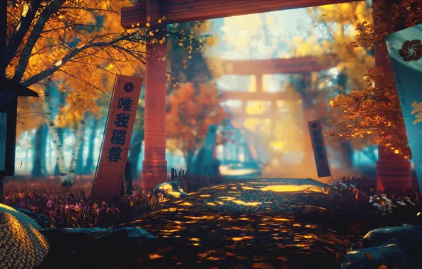 Autumn, nature, sword, art, torii