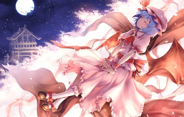 Bows, the full moon, cap, blue hair, closed eyes, vampire, Touhou Project, Remilia Scarlet