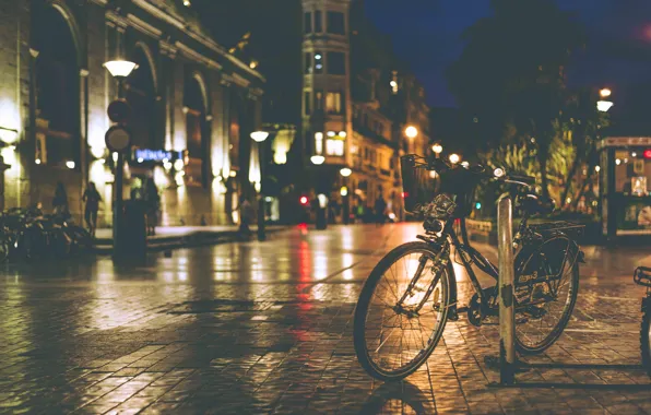 Night, bike, lights, shadow, the sidewalk