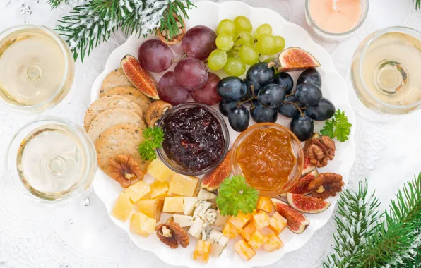 Table, holiday, tree, cheese, glasses, grapes, nuts, jam