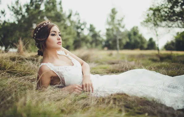 Girl, pose, dress, lies, the bride