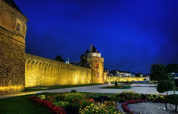 Trees, flowers, night, lights, castle, wall, tower, flowerbed
