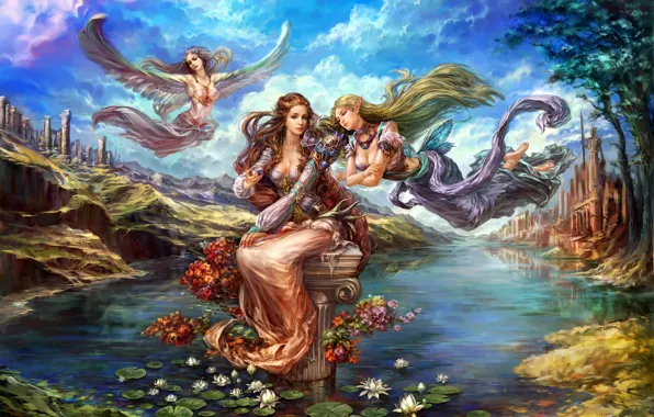 The city, angels, columns, the reflection in the water, goddess, legends, water lilies, Forsaken World