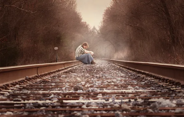 Girl, mood, railroad