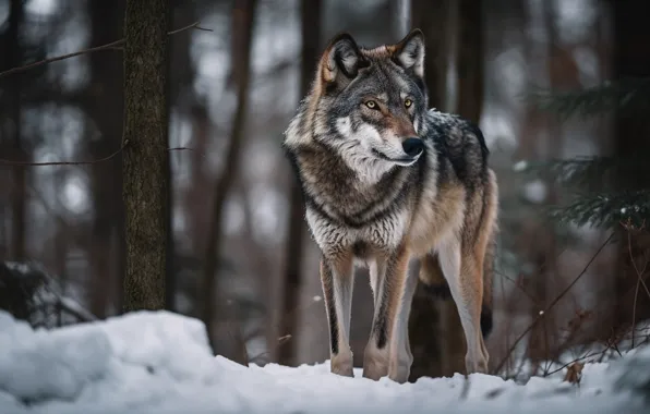 Winter, forest, snow, nature, wolf, digital art, AI art, neural network