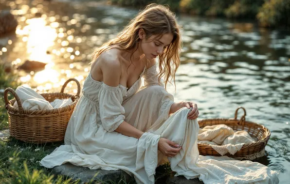 Chest, water, girl, light, nature, pose, river, shore