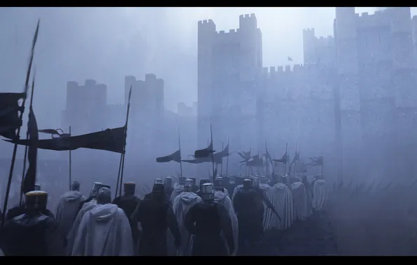 Castle, army, Knights, banners, digital art, Crusader, The Templars, The crusaders