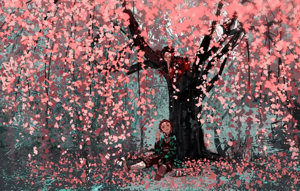 Picture trees, spring, Nezuko Kamado, Demon Slayer Kimetsu no Yaiba, The Blade Cleaves Demons, Tanjirou Kamado
