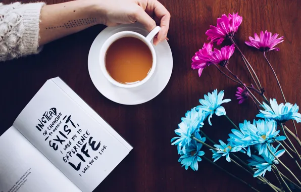 Picture wallpaper, text, flowers, book, coffee, hand, motivation, moods