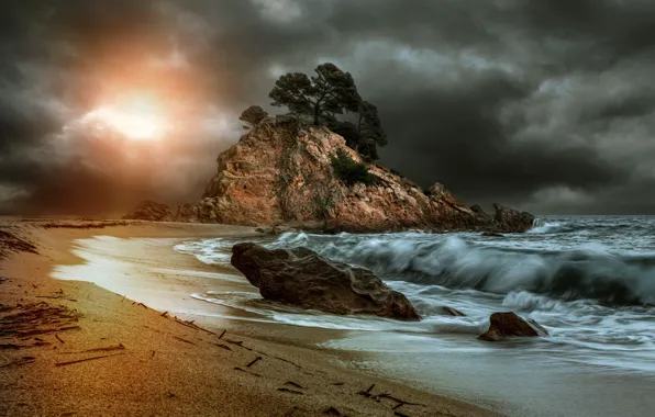 Sand, sea, wave, beach, the sky, the sun, light, clouds