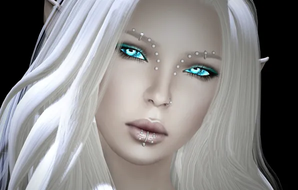 Girl, face, elf, piercing, white hair, render
