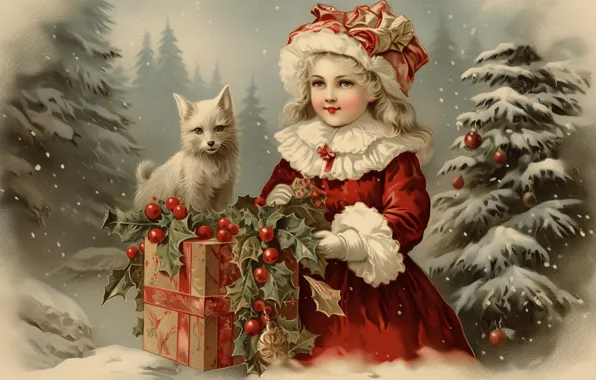 Winter, forest, cat, cat, leaves, balls, snow, branches