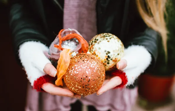 Balls, hands, decoration, Christmas, on the tree