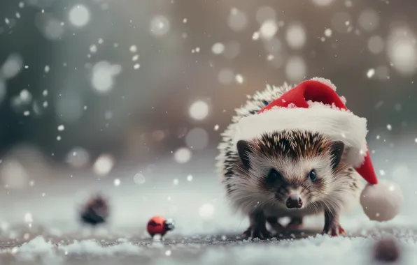 Winter, snow, Christmas, New year, hedgehog, snowfall, hedgehog, the Santa hat