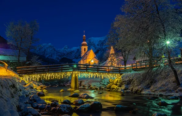 Picture winter, snow, landscape, mountains, night, nature, river, stones