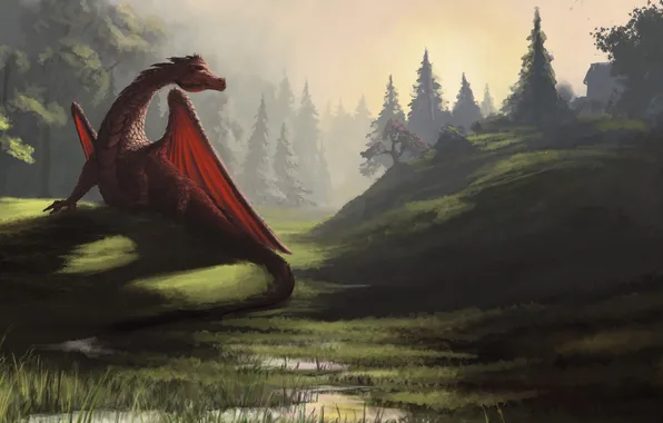 Forest, grass, nature, hills, dragon, art, river