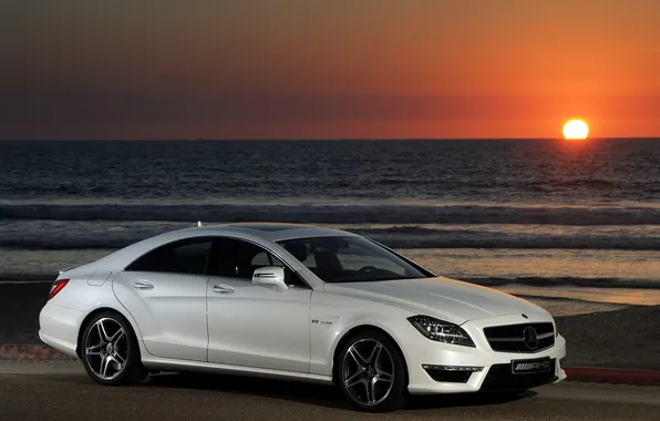 Picture sea, white, sunset, mercedes, CLS 63 AMG