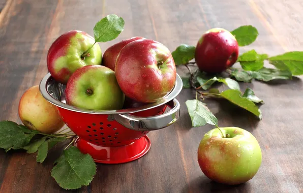 Picture leaves, table, apples, dishes, fruit