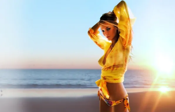 Girl, sexy, cleavage, beach, long hair, sea, boobs, beautiful