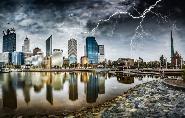 The storm, landscape, the city, element, lightning