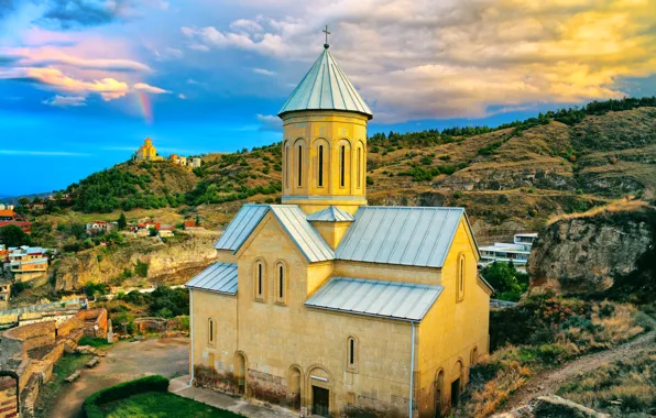 Picture the sky, clouds, mountain, home, slope, Church, Georgia, Tbilisi