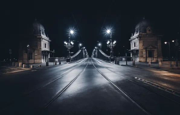 Road, night, bridge, lights, street, architecture, vintage