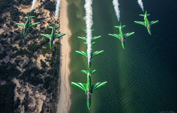 Picture Sea, Smoke, Shore, Aerobatic team, Hawker Siddeley Hawk, Link, HESJA Air-Art Photography, Saudi Hawks