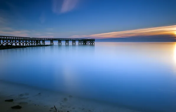 The sky, water, the sun, clouds, surface, blue, sunrise, the ocean