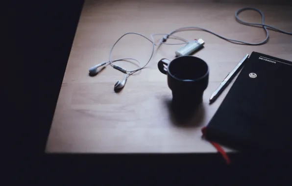 Table, headphones, lighter, Cup, diary