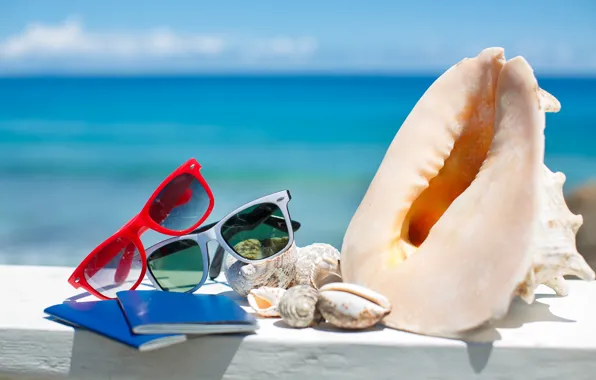 Picture summer, beach, sea, sun, blue sky, glasses, vacation, shells