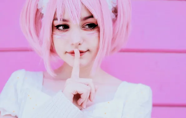 Strips, face, dress, finger, image, gesture, cosplay, pink hair