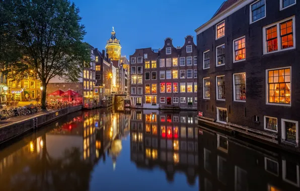 Lights, the evening, channel, Netherlands, Amsterdam, Holland