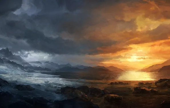 Cold, snow, sunset, mountains, clouds, lake, stones, art