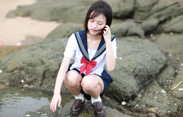 Asian, Model, Beach, Woman, Pretty, Japanese, Uniform, Shore