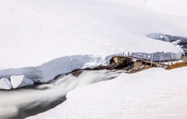 Snow, bridge, river, the snow
