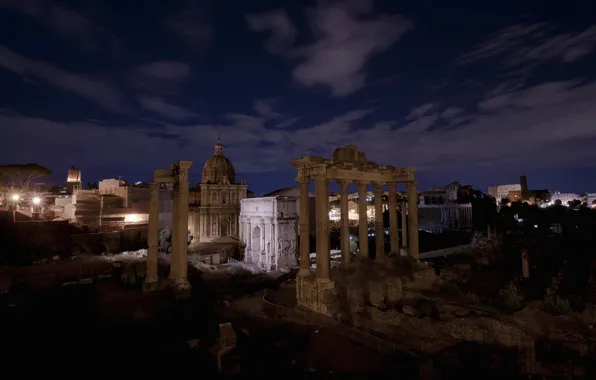 Night, Rome, Italy, columns, ruins, Forum
