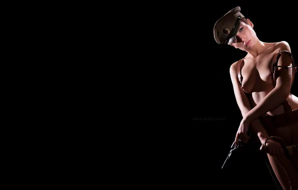 Black background, Revolver, Girl, Cap, Checker, Baldric, Eric Burhani, Angelina Peshkova