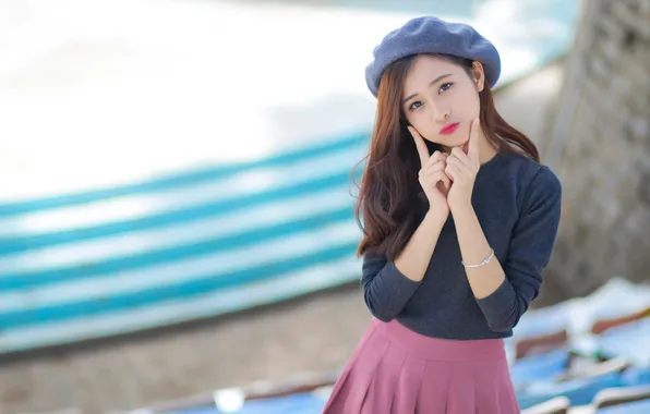 Girl, pose, model, skirt, makeup, Asian, beautiful, long hair
