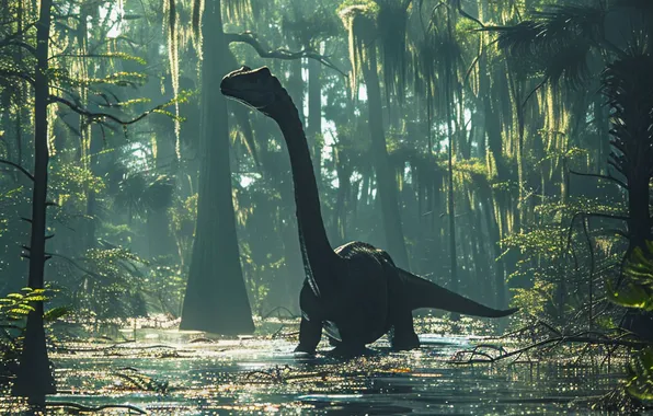 Water, Trees, Dinosaur, Neck, Animal, Digital art, Ancient animals, Extinct animals