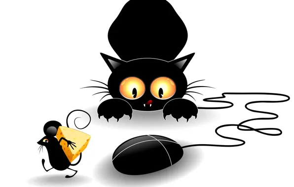 Cat, look, black, vector, paws, cheese, mouse, claws