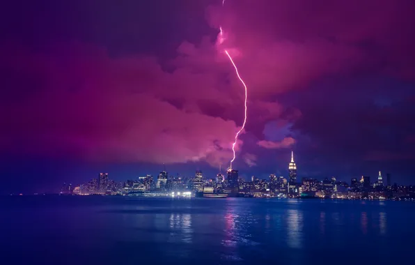 River, lightning, New York, night city, Manhattan, Manhattan, New York City, Hudson River