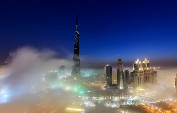 The sky, night, the city, lights, fog, blue, view, building